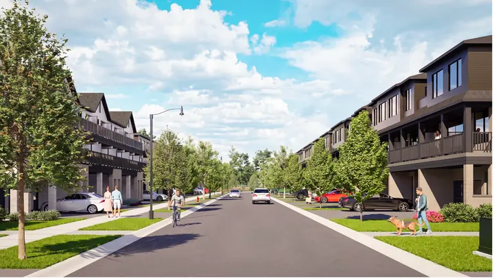 Street between the double car garage townhomes at Cornerstone, artist's concept