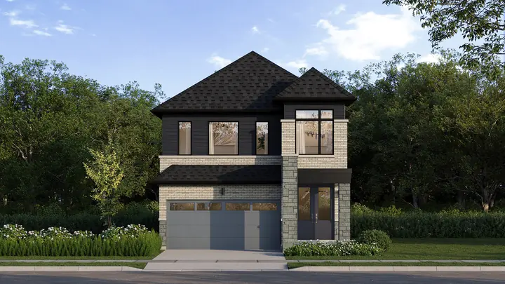 Detached home at Cornerstone, dark brick and stone elevation, artist's concept
