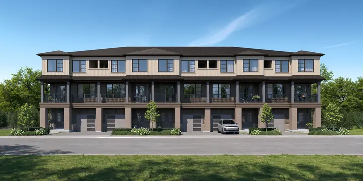 Double car garage townhome block, brick and stone elevation, artist's concept