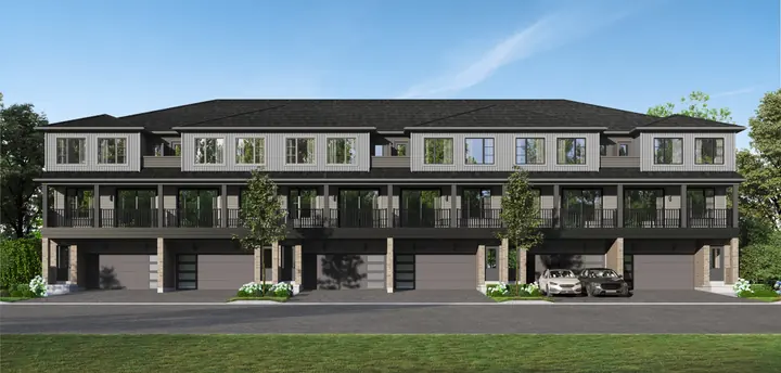 Double car garage townhome block, grey elevation, artist's concept