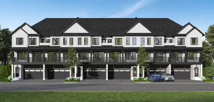 Double car garage townhome block, white and black elevation, artist's concept