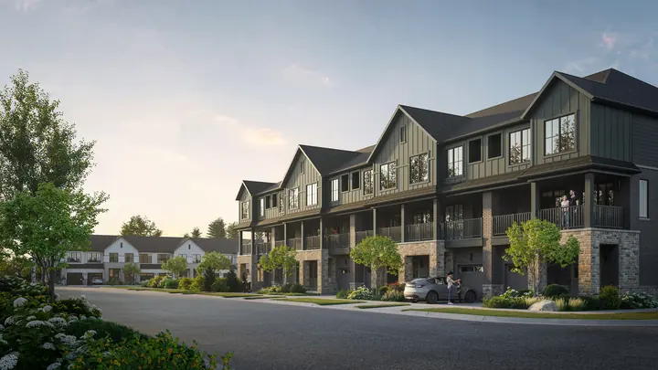Dual front townhomes at Cornerstone Brampton at dusk, artist's concept