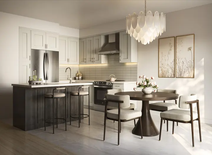 Kitchen with island and dining area at Cornerstone, artist's concept