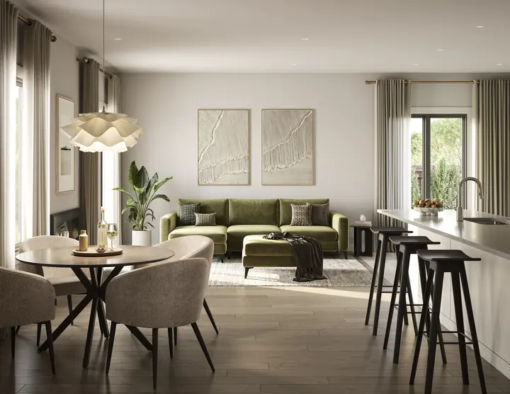 Open living and dining room interior at Cornerstone, artist's concept