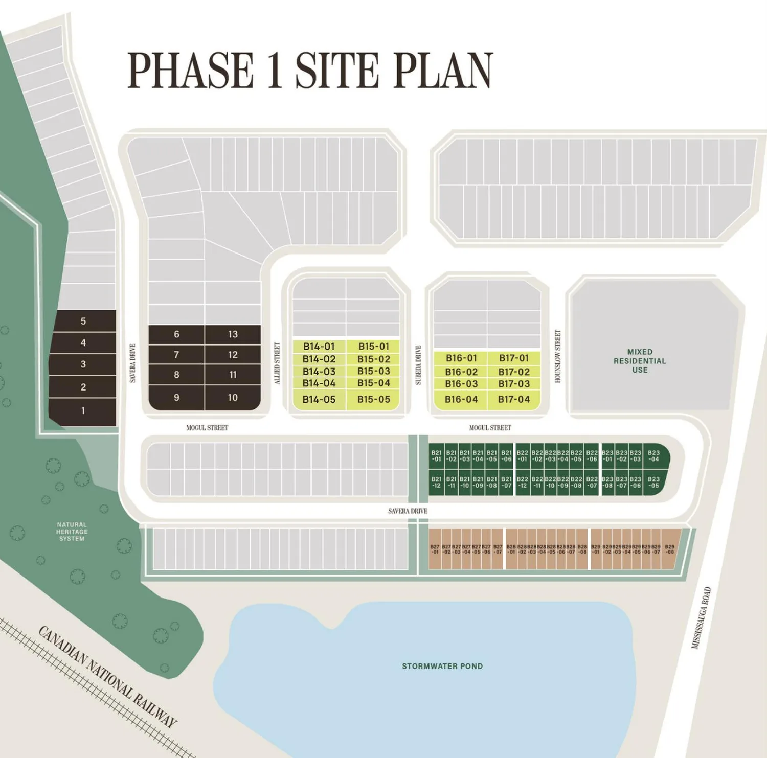 Cornerstone Brampton Phase 1 site plan showing detached, back-to-back, dual frontage and traditional townhome blocks